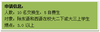 文本框: 申请信息:人数:10名交换生,5自费生对象:除东语和西语在校大二下或大三上员工绩点:3.0 以上