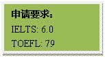 文本框: 申请要求:IELTS: 6.0TOEFL: 79