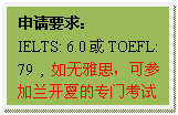 文本框: 申请要求:IELTS: 6.0或TOEFL: 79 , 如无雅思,可参加兰开夏的专门考试