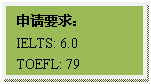 文本框: 申请要求:IELTS: 6.0TOEFL: 79