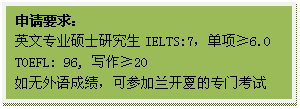 文本框: 申请要求:英文专业硕士研究生IELTS:7,单项≥6.0TOEFL: 96, 写作≥20如无外语成绩,可参加兰开夏的专门考试